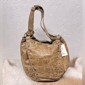 Valleygirl brown studded wax faux leather distressed western style shoulder bag
